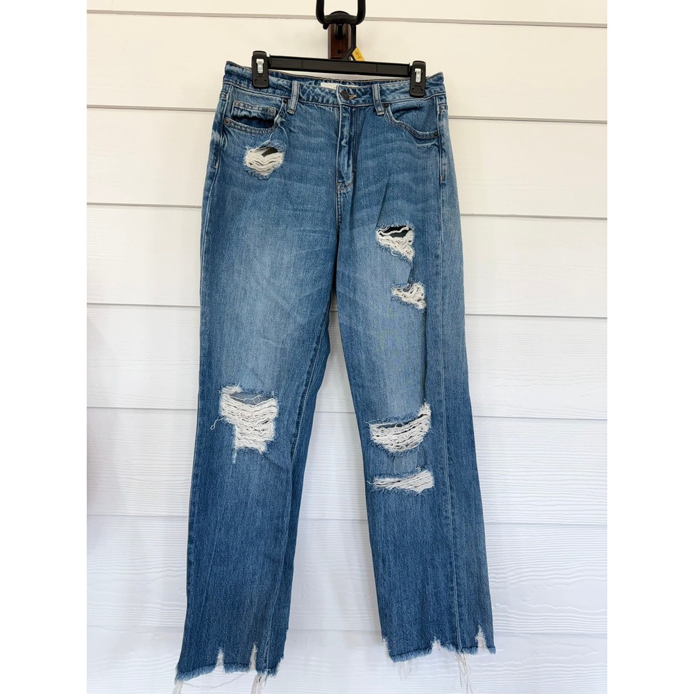 D- 31- Hidden Jeans Distressed Straight Leg Raw Hem Blue Denim Size 28